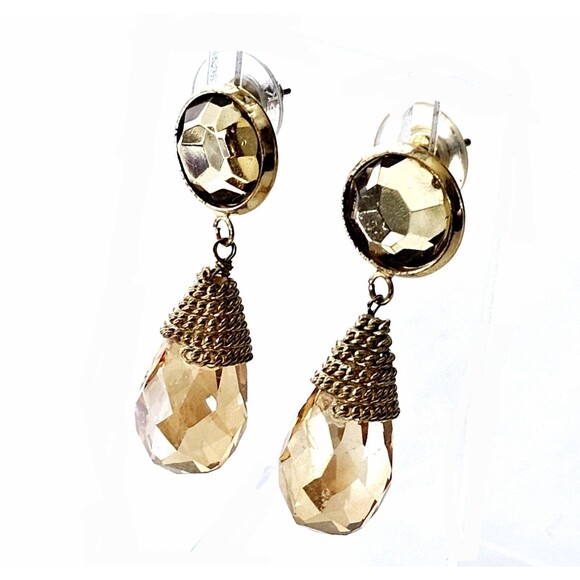 VTG Crystal Topaz Earrings Dangle Tear Drop Gold Tone Wire Wrap Stud 1.75" EUC - Picture 3 of 6